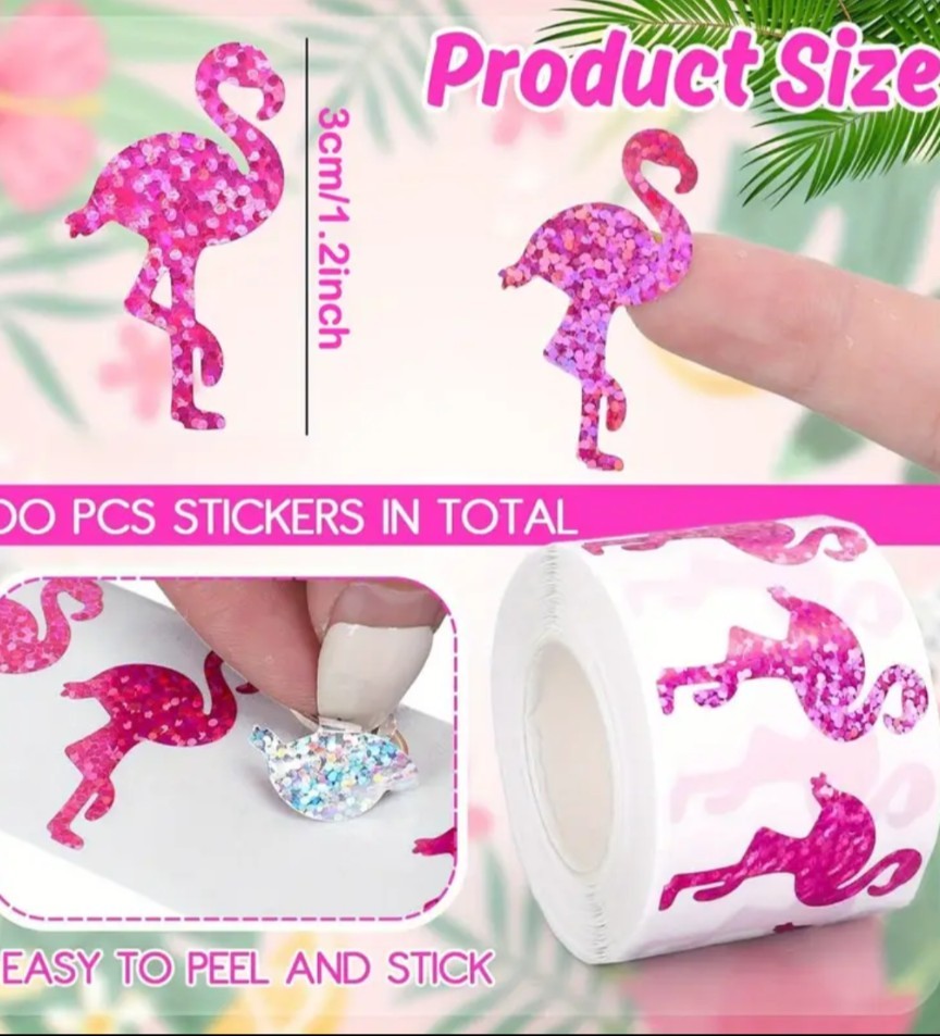500 pcs Sticker Seals Roll Glitter Pink Foil Flamingo NICE SIZE!! 1 1/2″ 🦩!!!