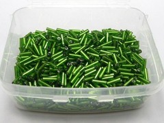 2000 Glass Tube Bugle Beads 2X7mm Green Silver-Lined + Storage Box