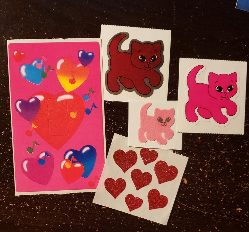 STICKERS! 5 PINK SANDYLION BJ LISA FRANK VINTAGE FUZZY FOIL GLITTER HEARTS 80s