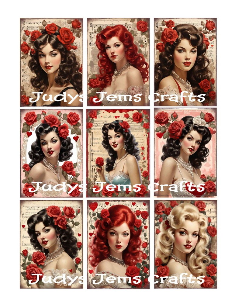(9) Vintage Valentines Day Ladies Collage Glossy Stickers~Scrapbook~Labels~#304S