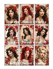 (9) Vintage Valentines Day Ladies Collage Glossy Stickers~Scrapbook~Labels~#304S