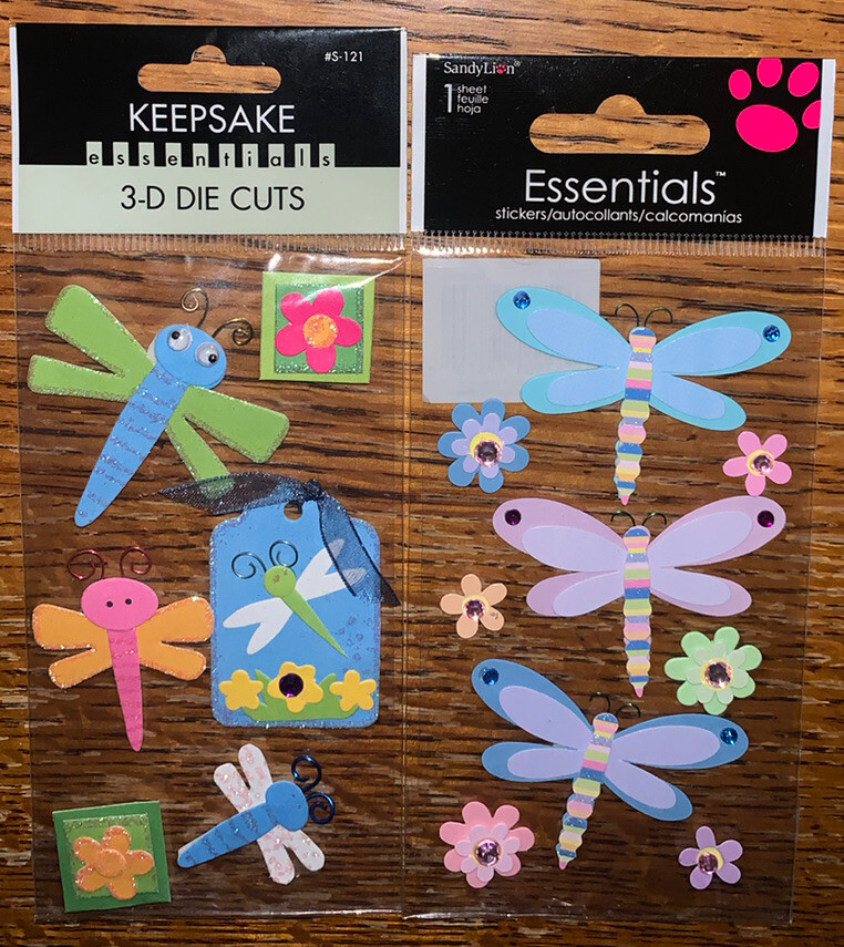 Lot Of 2 Essentials Layered Dragonflies Flowers Tag 3D Die Cut Scrapbook Sticker