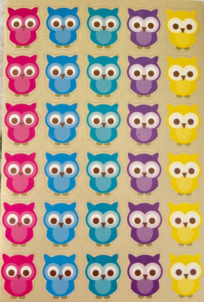 🦉Cute OWL STICKERS SHEET wide eye bird pink blue purple yellow teal rainbow