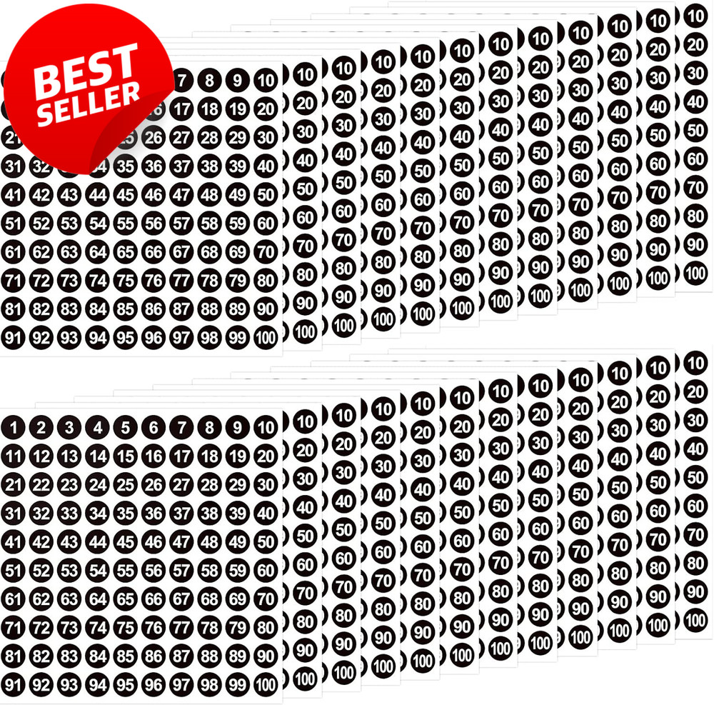 Vinyl Number Stickers 1-100 0.4″ Round 50 Sheets Black Label Pack – US