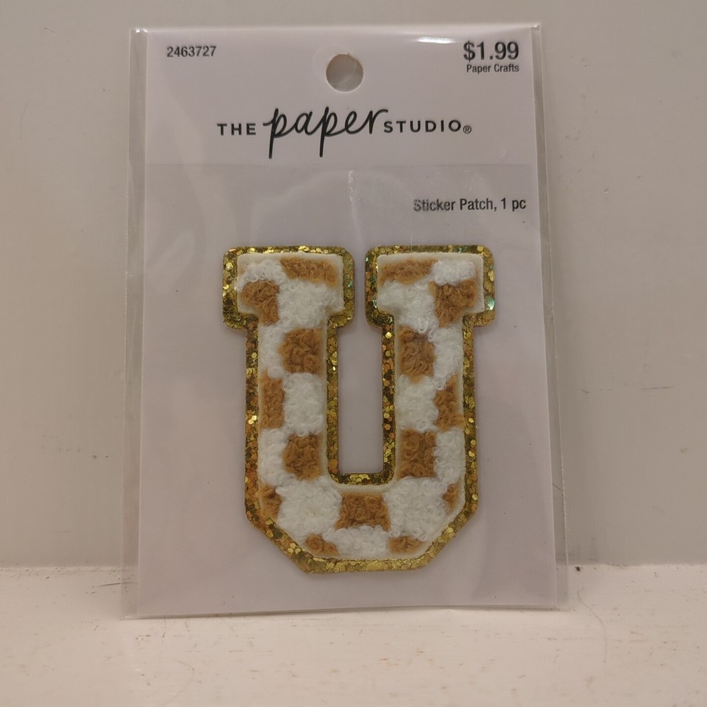 The Paper Studio Chenille U Brown White Checker Sticker Patch Alphabet Letter