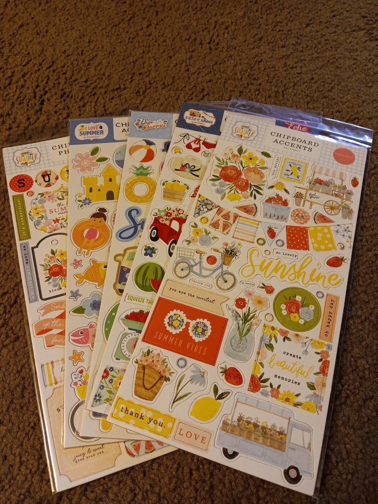 Crafts 13″ Chipboard Stickers Lot 5 Summer Theme Flowers Beach Water Sunshine