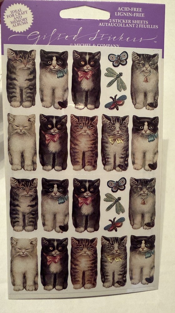 Vintage Sticker Sheets Cats With Bows NOS Michel & Co 1994