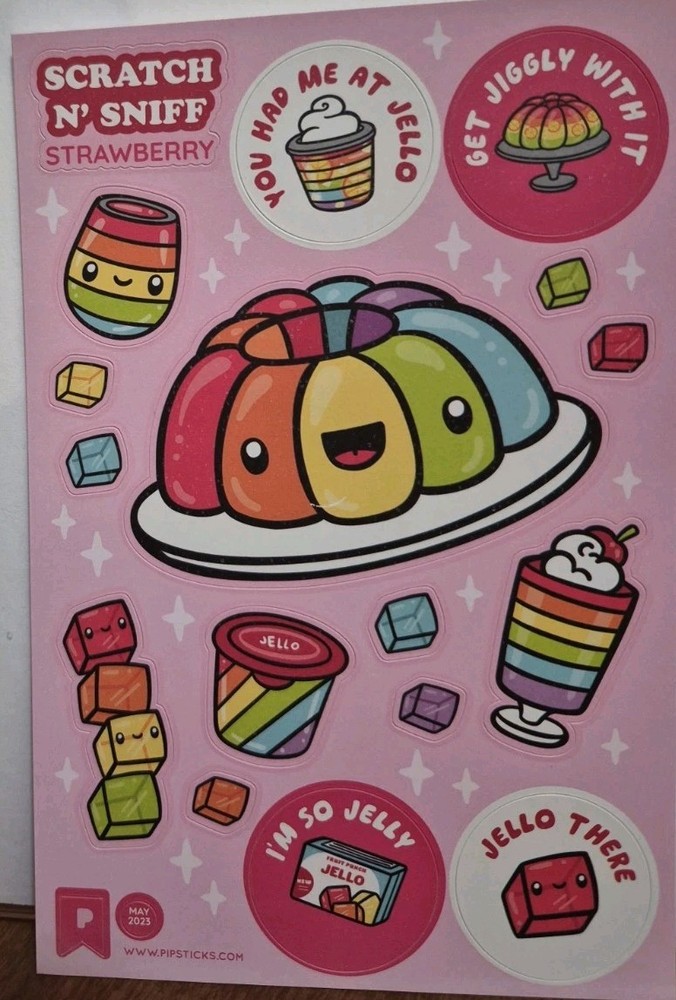 Pipsticks Scratch and Sniff Stickers «Strawberry» Scent, May 2023 Jello Theme