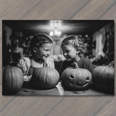 STICKER Two Laughing Girls With Pumpkins Halloween Joy Old Fashioned