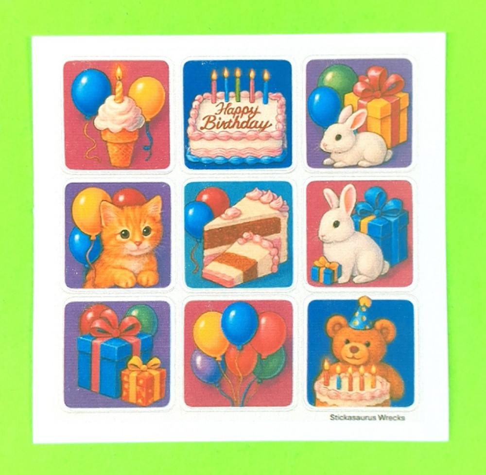 Happy Birthday Ice Cream Cake Teddy Bear Rabbits Presents Cat Mini Sticker Sheet