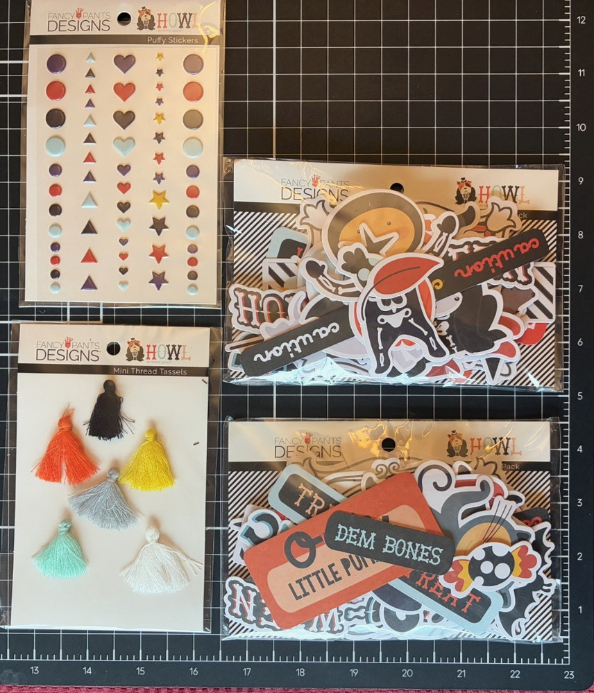 Fancy Pants Designs HOWL Halloween LOT Mini Tassels, Puffy Stickers, 2 Ephemera