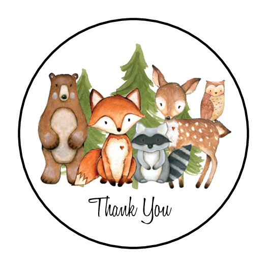 30 1.5″ WOODLAND ANIMAL THANK YOU BABY SHOWER FAVOR LABELS ROUND STICKERS