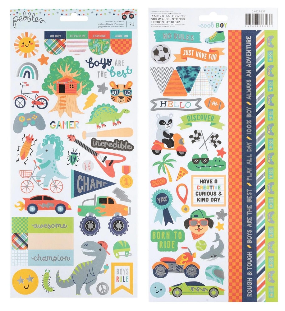 Pebbles COOL BOY CARDSTOCK STICKER SET scrapbooking (2) SHEETS FOIL