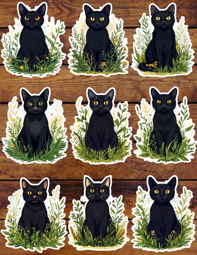 Black Cat in Grass Die Cut Vinyl Stickers Set Scrapbooking Laptop Waterbottle