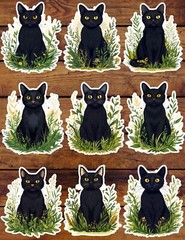 Black Cat in Grass Die Cut Vinyl Stickers Set Scrapbooking Laptop Waterbottle