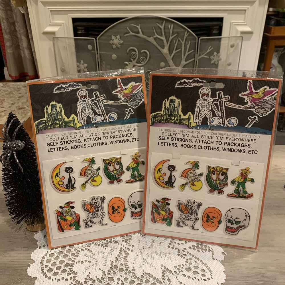 Vintage Halloween Puffy Stickers T Stick On Witch Cat Skeleton Pumpkin Set Of 2