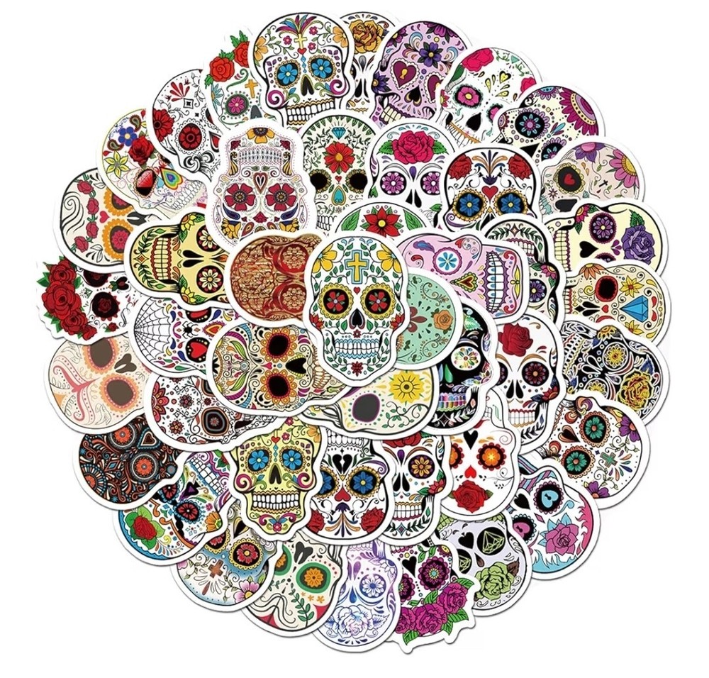 50Pc Sugar Skull Stickers Dia De Los Muertos Day of The Dead Mexican Vinyl Decal