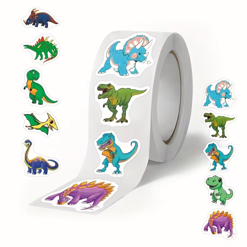 Dinosaur Stickers – Roll of 500 – 10 Designs – Semi Gloss Cartoon Stickers – NEW