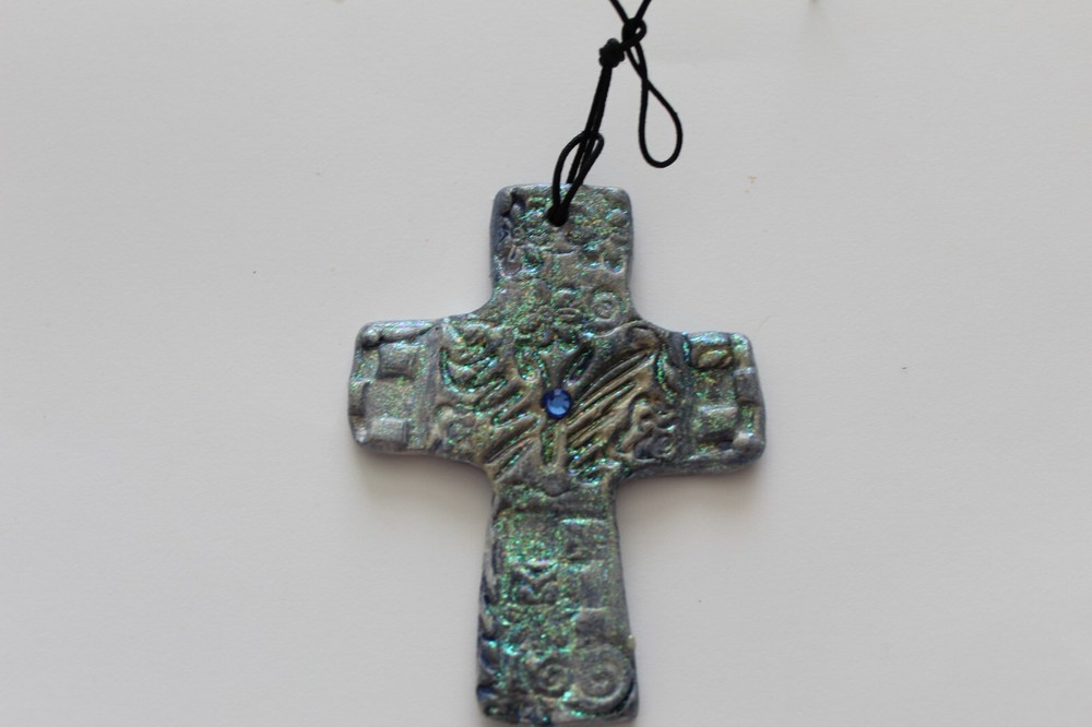 Cross – Handmade Blue & Silver Ceramic Cross with Blue Rhinestone and Glitter #4