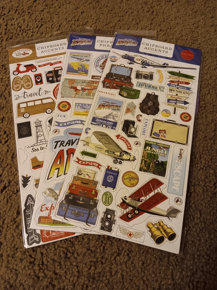 Crafts 13″ Chipboard Stickers Travel Theme Adventure Planes Luggage Camera Lot 3