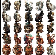 10pcs Steampunk Cat & Heart Stickers- Scrapbook, Journal, Diy Crafts & Cards