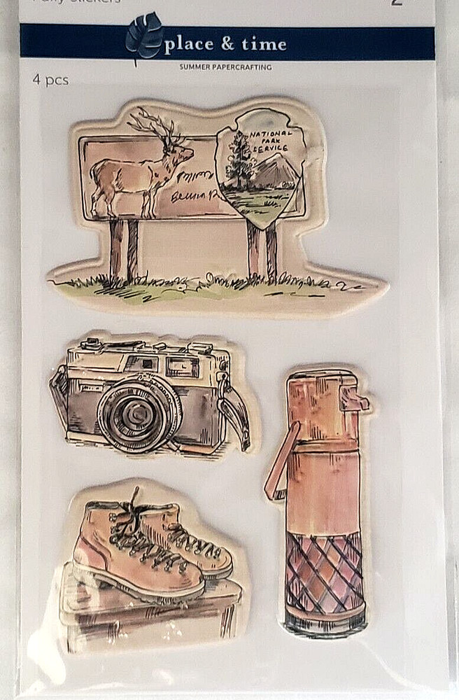 PLACE & TIME Summer Papercrafting Puffy Stickers – CAMPING – 4 pcs