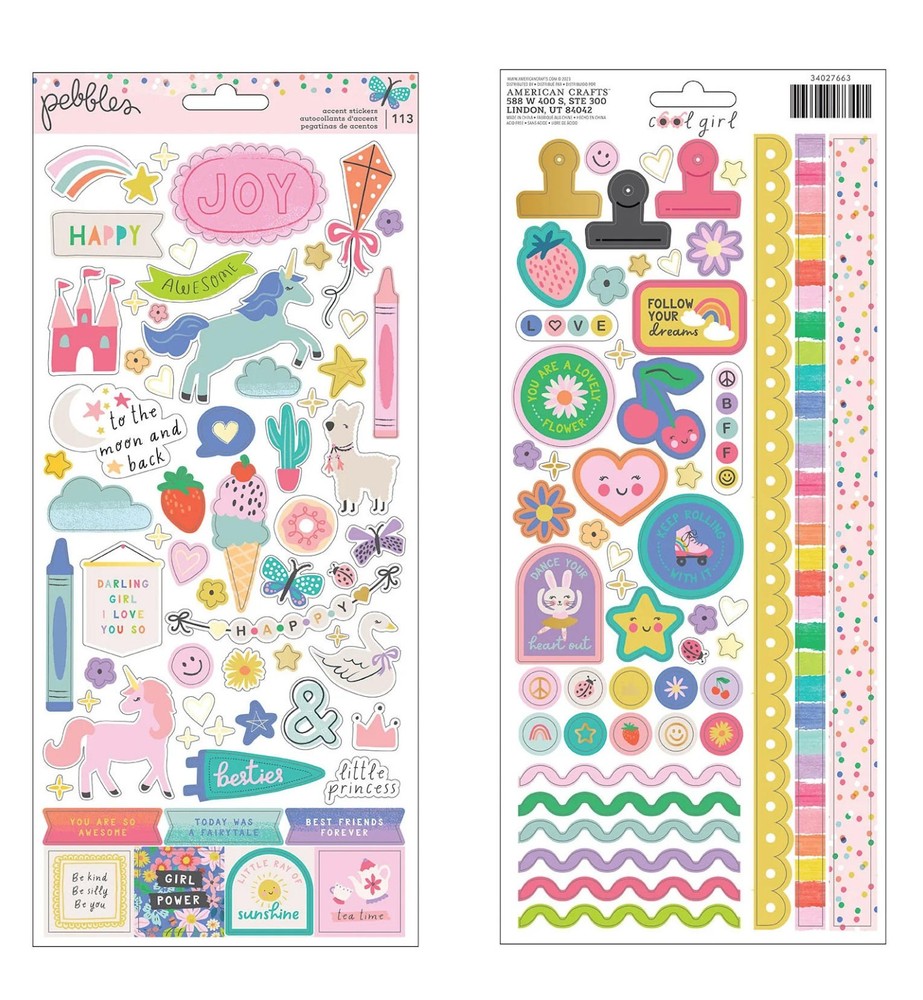 Pebbles COOL GIRL CARDSTOCK STICKER SET scrapbooking (2) SHEETS FOIL