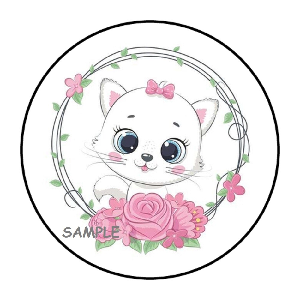 30 CUTE CAT WITH FLOWERS ENVELOPE SEALS LABELS STICKERS 1.5″ ROUND GIFTS FAVORS