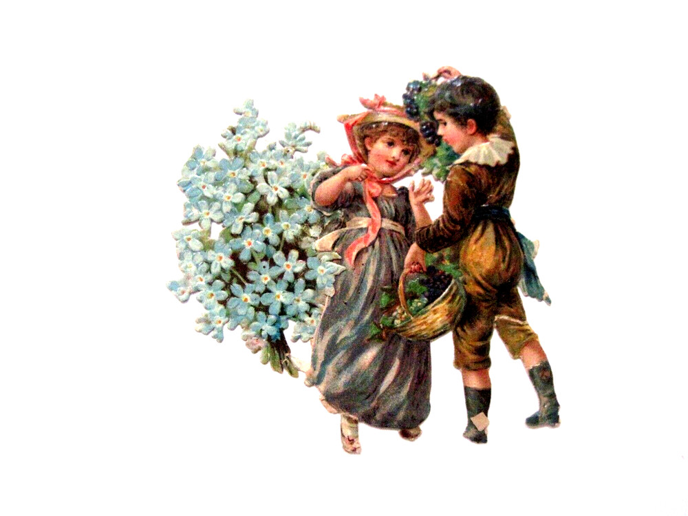 Charming Vintage Die Cut of Boy & Girl Dancing w/ Blue Forget-Me-Nots *