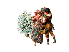 Charming Vintage Die Cut of Boy & Girl Dancing w/ Blue Forget-Me-Nots *