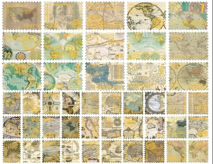 10pcs Bronzing Vintage Map Stamp Stickers- SM/MD Sized-Scrapbook, Journal, DIY