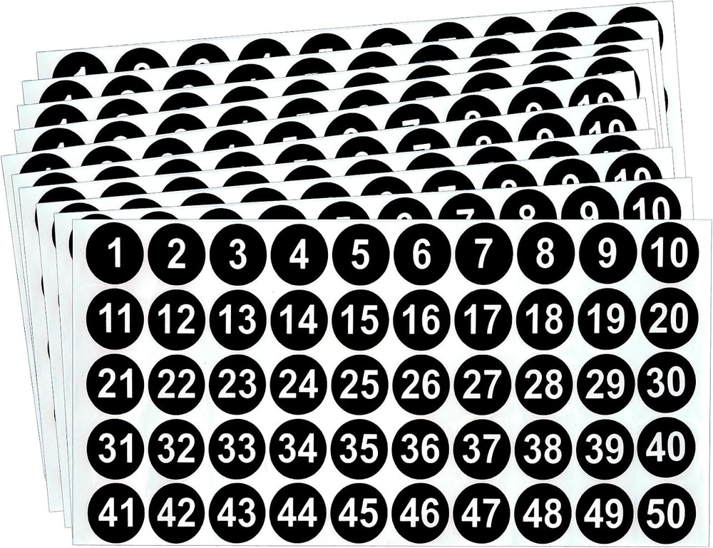 Number Stickers, Consecutive Number Stickers 1-50, 10 Sheets round Numbers Label