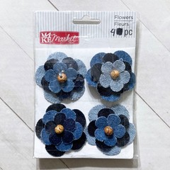 Make Market Denim Fabric Flower Embellishments 4 pc Sew On Craft Scrapbook