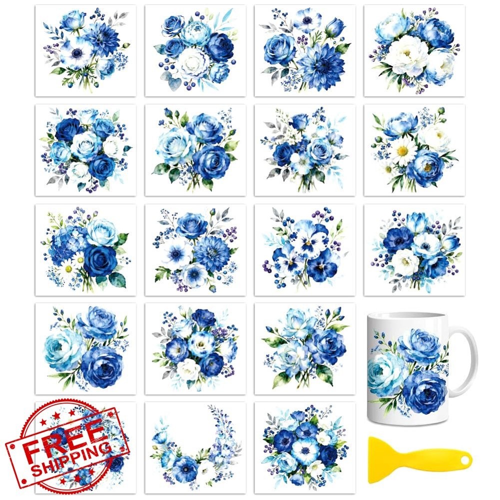 Peacoblue 18 Sheets Blue Flower Rub on Transfers for Cups Wood Glass Home Decor