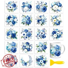 Peacoblue 18 Sheets Blue Flower Rub on Transfers for Cups Wood Glass Home Decor