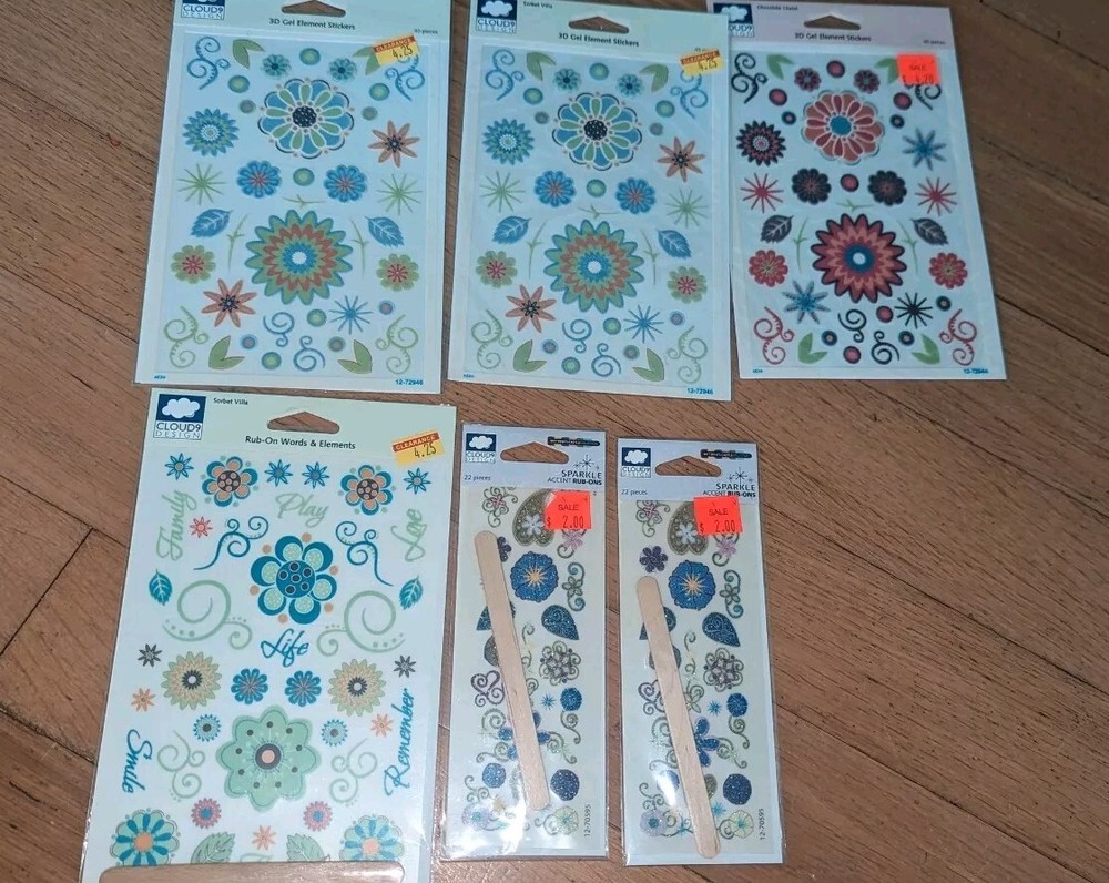 Cloud 9 Design Scrapbook Lot 3D Gel Stickers Rub Ons/Transfers Lot 7 Packs