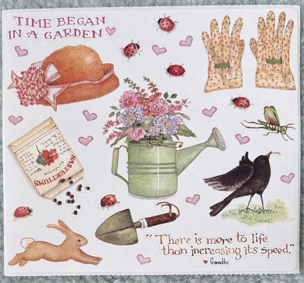 Vintage GARDEN WHIMSY 12696 Susan Branch Sticker Sheet Ladybug Bunny Crow Seeds