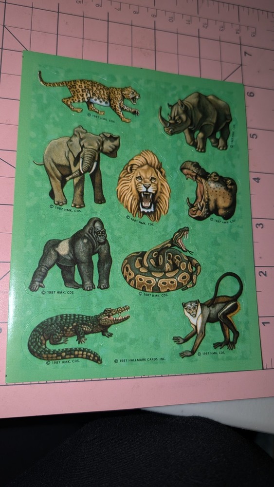 Vintage Hallmark Stickers Animal Safari Lion Snake Hippo Gorilla Gator 1 Sheet