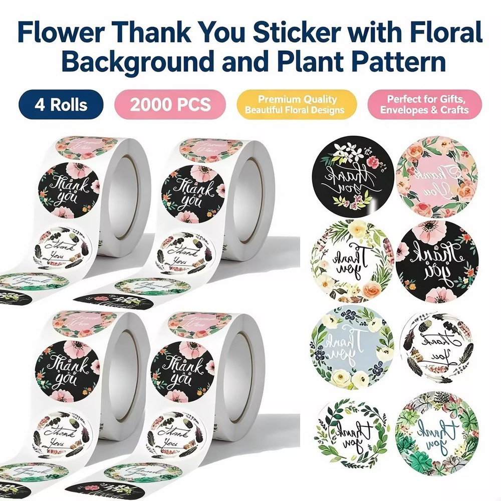 2000 PCS Floral Thank You Stickers Waterproof Easy Peel for Gifts&Envelopes Roll