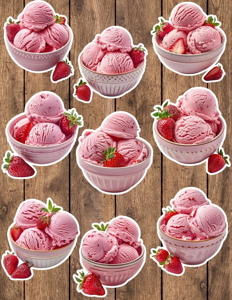 Strawberry Ice Cream Die Cut Vinyl Stickers Set Scrapbooking Laptop Waterbottle