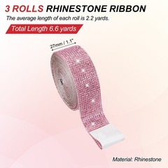 3 Rolls 6.6 Yards 1.1 Inch Crystal Rhinestones Ribbon for Crafts Pink