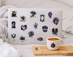 50 PCS Black Rose Stickers Pack, Cute Waterproof PET Transparent Blackflower