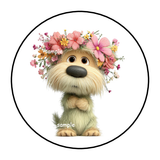 Floral Puppy Stickers Envelope Seals Labels 1.5″ Round Tags (30) Dog Flowers