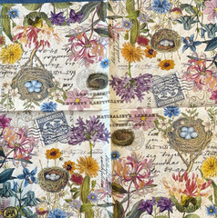 Lot of 4 Paper Beverage/Cocktail Napkins for Decoupage – Flowers, Birds