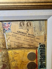 1950s 60s Framed Travel England London Scrapbooking Collage Coins 24 X 16”