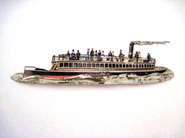 Interesting Vintage Die Cut of Steam Ferry w/ Passengers on Upper Deck *