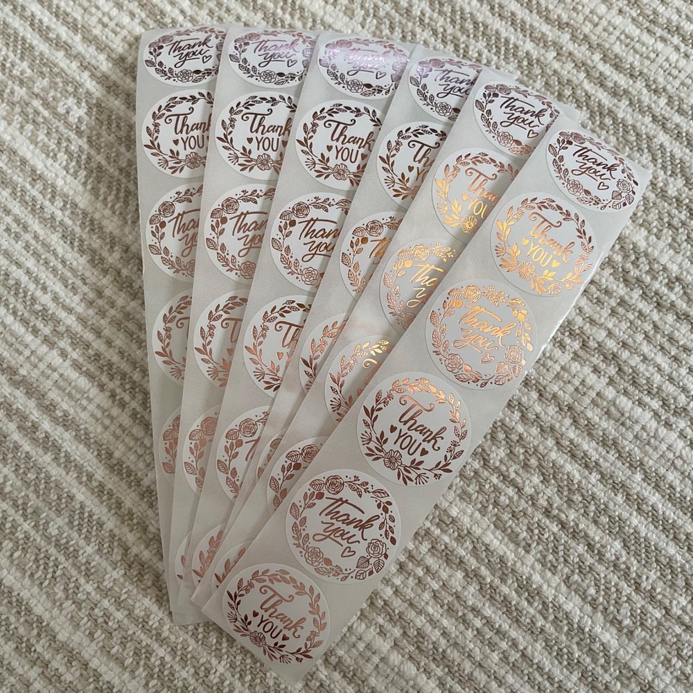 36 Rose Gold Thank You Stickers, 1” Round Floral Foil Labels, Envelope Seals