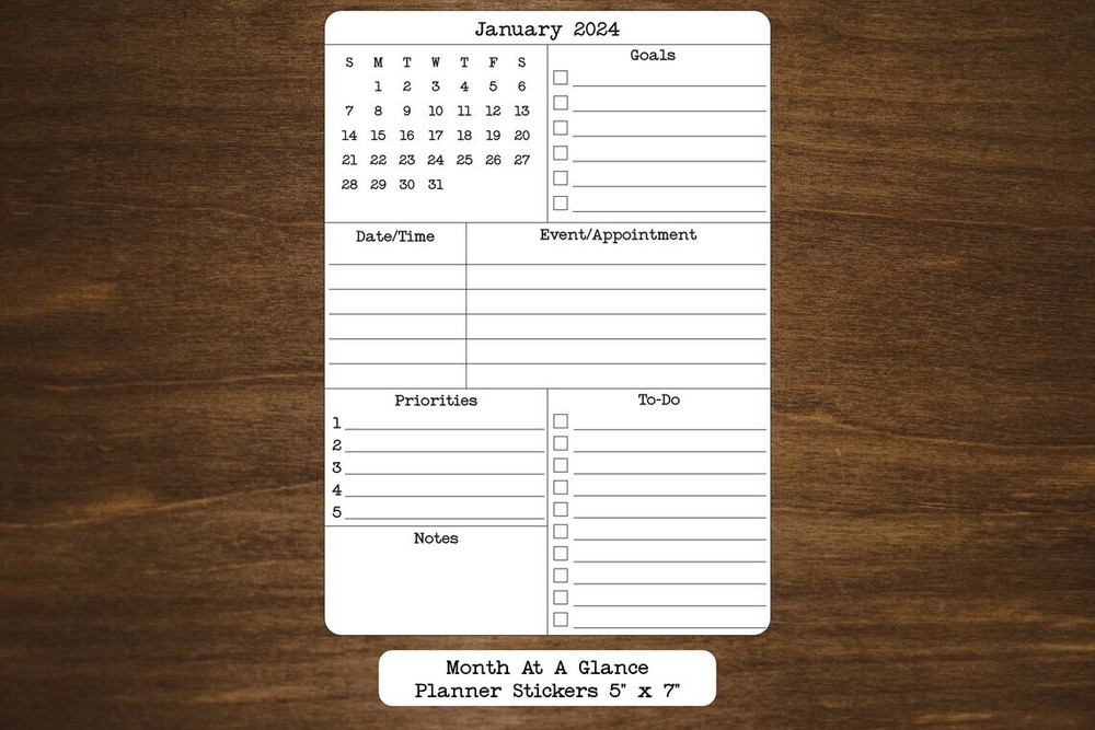 Month At A Glance Calendar Stickers for Planners and Journals 5″ x 7″