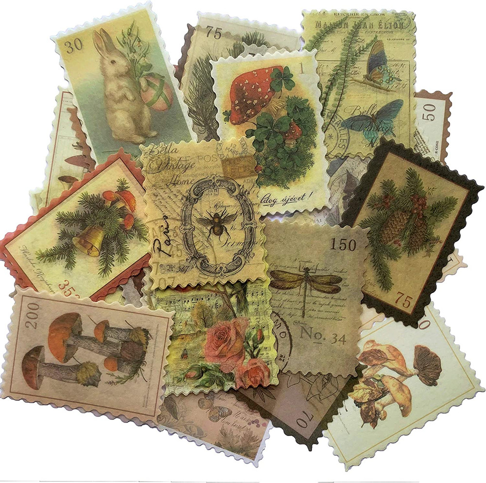 60Pcs Vintage Postage Stamp Stickers, Aesthetic Sticker for Scrapbooking, Journa