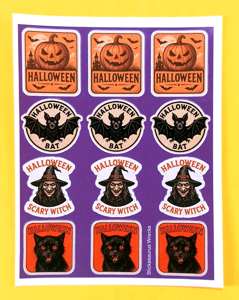 Vintage Style Halloween Ad Stickers Sheet Witch Black Cat Bat Jackolantern